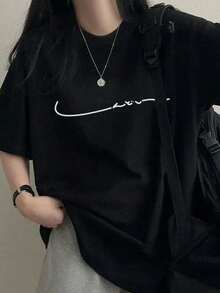 女士休闲宽松圆领卡通印花短袖T恤，春夏款 - 黑色 - 查看 1