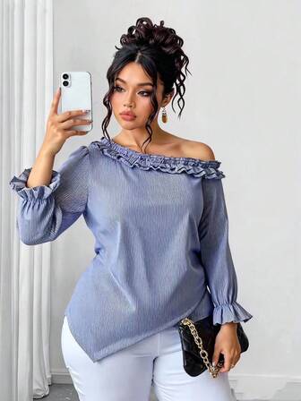 Plus Size Women Casual Ruffle Trim Long Sleeve Blouse