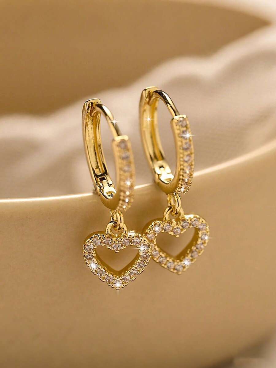 1对时尚水钻心形耳钉，轻盈奢华，适合女孩日常佩戴 - 彩色 - 查看 1