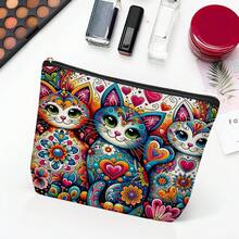 1pc Bohemian Chicken & Cat Print Coin Purse Zipper Makeup Bag, Gift For Women & Girls, Hidden Zipper,Makeup Bag,Travel Essential - Bohemian Cat - View 2