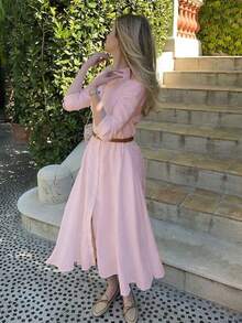 女士优雅衬衫领长袖连衣裙，适合秋冬季日常穿着，也适合万圣节和斋月穿着。