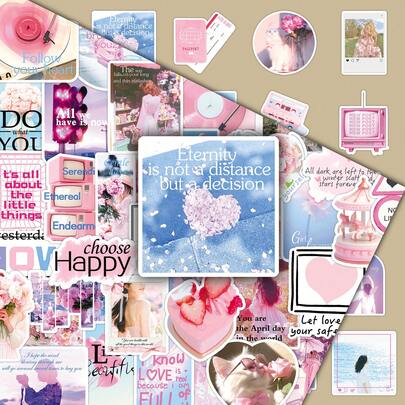 50pcs Soft Korean Style Minimalist Pink Fresh Girl Aesthetic Decorative Stickers For Scrapbooking, Planner, Car
