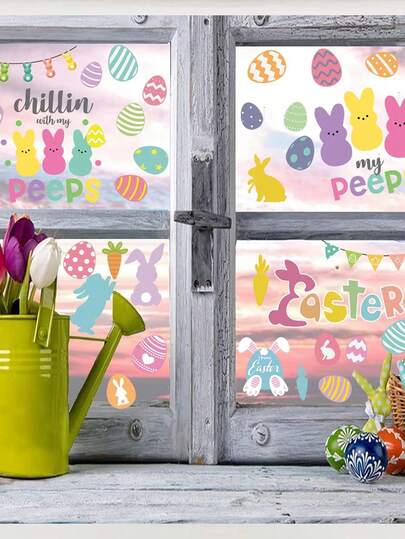 9pcs Easter Window Clings Decor, Easter Bunny Window Clings - Reusable Static Cling Window Decals - Easter Bunny & Eggs Double-Sided Stickers, Suitable For Spring Easter Home Decor And Party Supplies