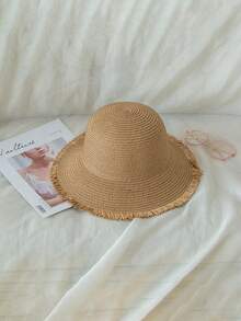 1pc Women's Foldable Wide Brim Fringe Breathable Ditsy Floral Sun Hat, Summer Beach Bucket Hat - Straw - View 3