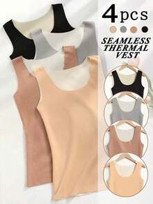 4pcs Women'S Seamless Thermal Tank Tops - Sleeveless, Double-Sided Brushed Solid Color, For Inner Wear As A Base Layer, With A Slim Round Neck,, Stretchy & Soft Chalecos Para Mujer Invierno For Winter Warmth - Nhiều màu - Xem 11