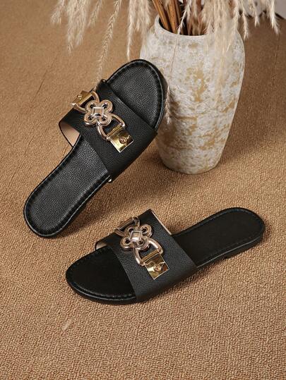 Dép xăng đan nữ màu trơn, họa tiết hoa kim loại, kiểu dáng hở mũi, thích hợp đi trong nhà và ngoài trời, dép đế bằng nhẹ, thời trang mới, đơn giản, đa năng cho mùa hè.