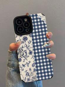 1pc New Fashionable & Elegant Blue Plaid & Floral Pattern Shock-Resistant Leather Phone Case Compatible With IPhone 17/17 Air/17 Pro/17 Pro Max, 16/16 Plus/16 Pro/16 Pro Max, 15/15 Plus/15 Pro/15 Pro Max, 14/14 Plus/14 Pro/14 Pro Max, 13/13 Pro/13 Pro Max, 12/12 Pro/12 Pro Max, 11/11 Pro/11 Pro Max
