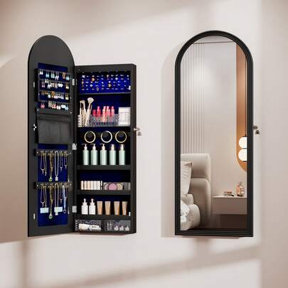 Jewelry Cabinet Organizer With Mirror, 47 Inch Lockable Full-Length Mirror Jewelry Armoire Hanging Door/Wall Mounted With 6 LEDS, Arched Framed Mirror Cabinet With Storage, Christmas Gift For Women, Black