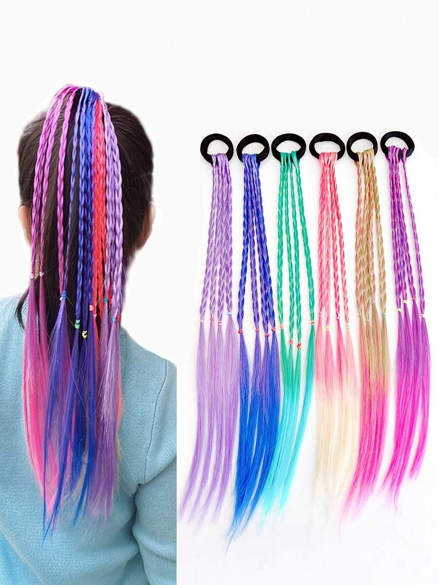 6件套彩色编织发饰套装，包含女士假发、甜美钩编发圈和发绳、波西米亚风手工编织发带，适合日常佩戴和特殊场合，也是一份贴心的礼物。 - 彩色 - 查看 1