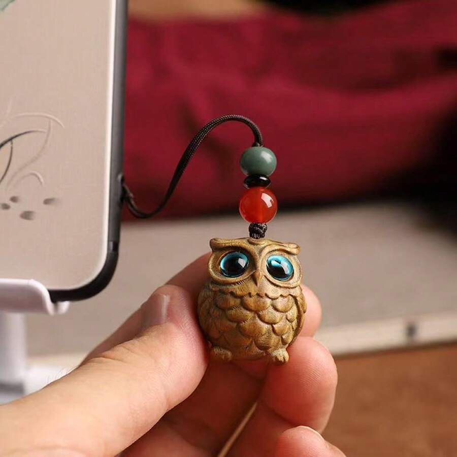 1pc Wooden Owl Keychain Pendant, Cute Big-Eyed Owl Creative Backpack Pendant, Couple Keychain Ornament, Student Backpack Pendant, Home Decor Big-Eyed Owl Hanging Ornament, Gift - Multicolor - View 1