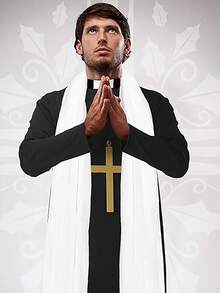 成人男士牧师服装套装，包括牧师长袍（白色）和十字架，适合化装舞会和活动装饰。 - 彩色 - 查看 2