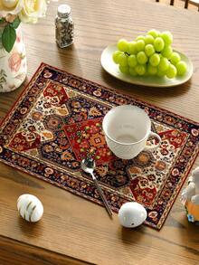 4 件装亚麻质感餐垫 - 波西米亚艺术设计，可手洗，长方形餐桌垫，适用于家居和厨房装饰，隔热