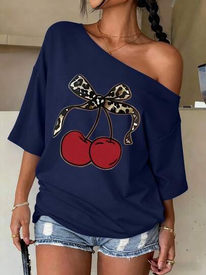 Camiseta de manga corta con estampado de cerezas y diseño de lazo para niñas, estilo casual y versátil de moda callejera