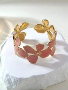 VceTd 1 pieza Brazalete de mujer con diseño floral 3D asimétrico minimalista, brazalete abierto de acero inoxidable con esmalte multicolor, adecuado para uso diario, fiestas, galas, bodas, regalo del Día de San Valentín - Amarillo Oro - Ver 7