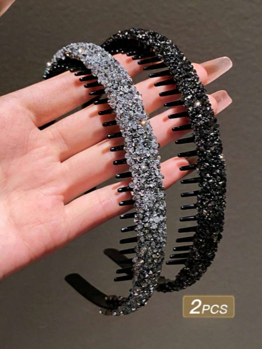 2 chiếc băng đô đính đá nhiều màu sắc, đa năng cho phụ nữ, phụ kiện làm đẹp tóc tại nhà. - Đen và trắng - Xem 1