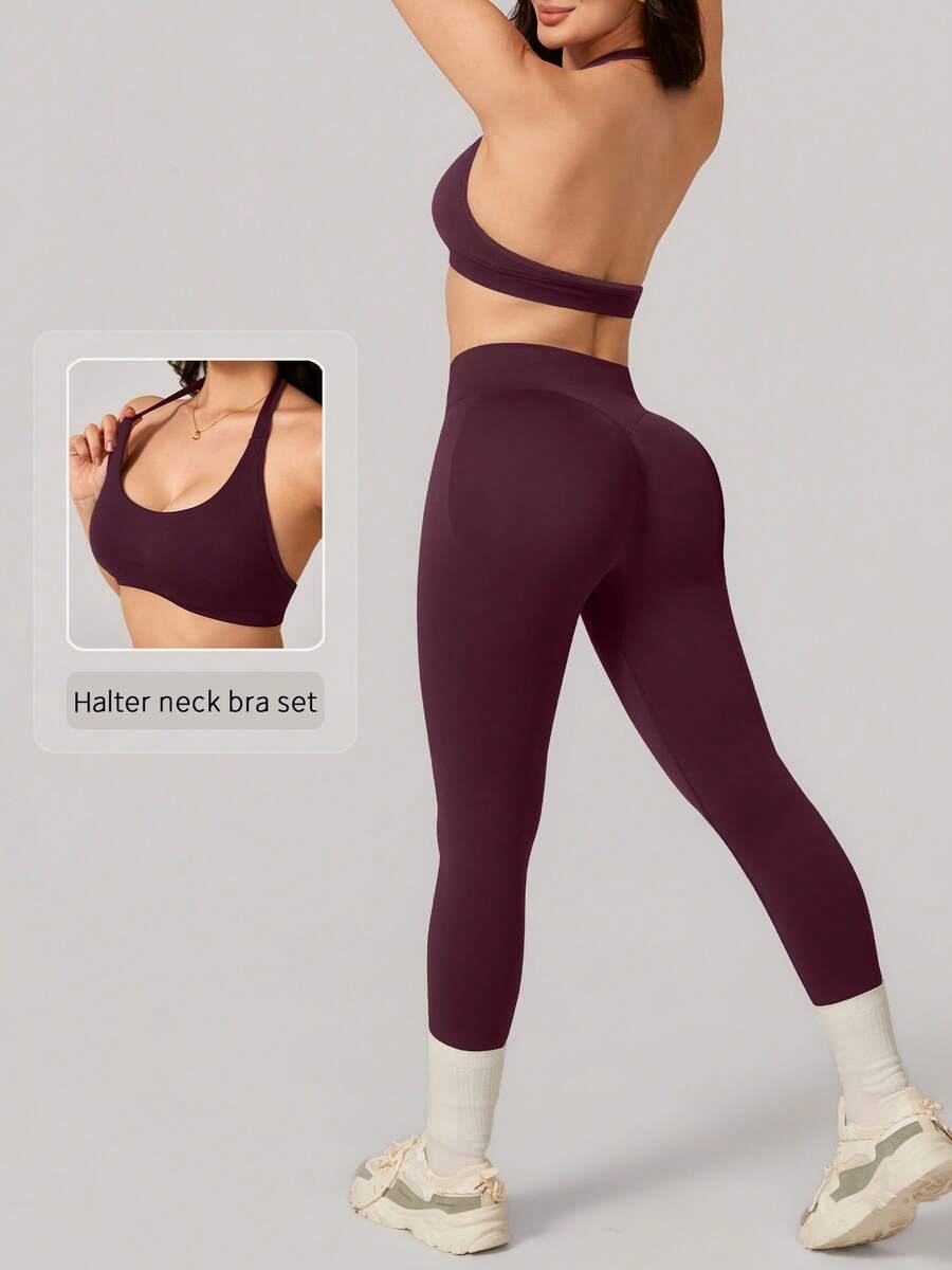 NcmRyu 1 Bộ đồ thể thao nữ màu trơn, co giãn, gồm áo ngực và quần legging, thích hợp cho tập luyện thể dục, chạy bộ, yoga, pilates mùa hè. - Màu Đỏ Sâu - Xem 1