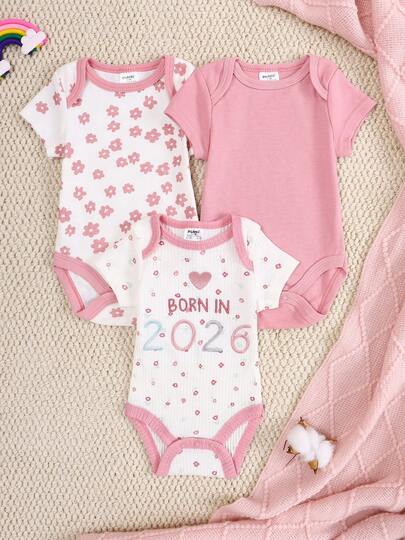 DILAVEL 3PCS 2026 Spring/Summer New Baby Girls' Clothing: Female Baby Jumpsuit Suitable For Babies Aged 0-9 Months, With Embroidered Letters And Patterns For Outdoor Wear