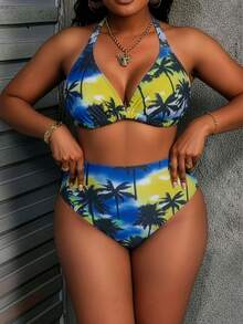 大码女式夏季沙滩棕榈树印花露背系带性感比基尼套装，含和服罩衫，度假必备 - 椰子樹花色 - 查看 6