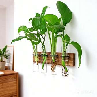 1pc Wooden Flower Vase Holder With 4 Glass Test Tubes, Creative Heart-Shaped Wooden Dry Flower Planter, Modern Plant Propagation Station Desk Planter, Desk Decor, Wooden Vase Decor, Bedroom Decor, Autumn Farmhouse Room Decor, Home Decor, Spring Holiday Decor