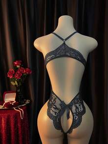 1pc Women's Black Sexy Open-Crotch Lace Bodysuit, Backless Semi-Sheer Bow Romper, Suitable For Private Parties Or Home Use, Seducing Partner, Teasing Partner - Black - View 5