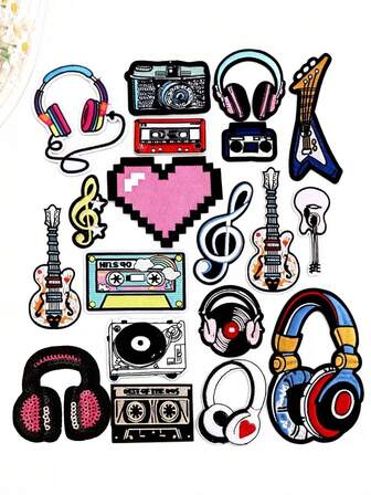 1/6/19pcs/Set Music Theme Decorative Embroidered Patches, Iron-On/Sew-On, Heavy Duty DIY Suitable For Jackets, Hats, Bags, Hip-Hop Style, Guitar, Headphones, Musical Notes Apparel Decor