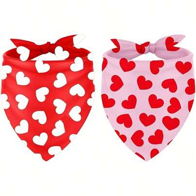 2 piezas Pañuelos de San Valentín para perros - Patrón de corazones rojos y rosas, Pañuelo ajustable para mascotas con corbata de moño, Material de poliéster duradero, Lavable a máquina, Adecuado para accesorios de ropa para mascotas, Pañuelos para perros, Moda para perros