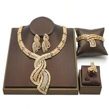 Women's Dubai Gold Jewelry Set: Eid Al-Adha Earrings, Necklace Set, Gold Crystal Decor Jewelry Set 4pcs: Chunky Necklace, Dangle Earrings, Bracelet And Cocktail Ring - Luxury Gift For Weddings, Parties And Formal Occasions - Necklace + Ring + Bracelet + Earrings - View 10