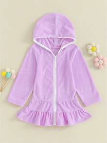 Kids Toddler Little Girl Swim Cover Up Terry Zip-Up Hooded Beach Bathing Suit Swimsuit Wraps Zipper Coverup Dress - 紫色 - 查看 1