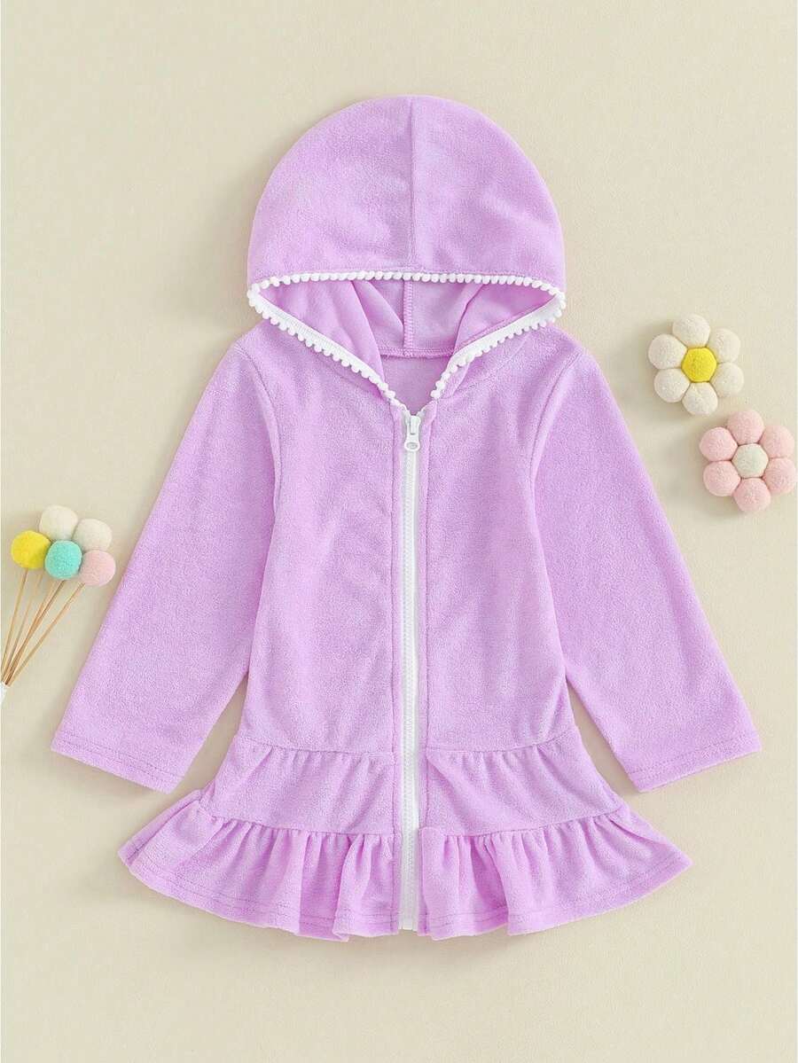 Kids Toddler Little Girl Swim Cover Up Terry Zip-Up Hooded Beach Bathing Suit Swimsuit Wraps Zipper Coverup Dress - 紫色 - 查看 1