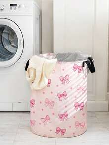 1pc Foldable Round Storage Basket With Handles, Large Capacity, Bow Print Design, Multi-Purpose For Bathroom, Bedroom, Laundry, Toys, Clothing Storage - Multicolor - View 18