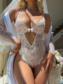 Bộ jumpsuit ren gợi cảm với thiết kế cổ chữ V khoét sâu, kèm quần lót cùng màu. - trắng - Xem 3