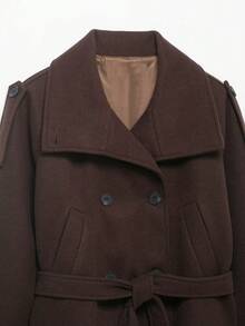 DEEKA Nueva Chaqueta de Mujer de Moda Otoño/Invierno Casual Minimalista con Doble Botonadura y Cinturón Marrón - Marrón - Ver 8