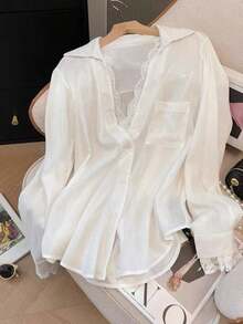 Elegant White Semi-Sheer Blouse, V-Neck Long Sleeve, Decorated With Delicate Contrast Lace Trim Spring - White - View 7