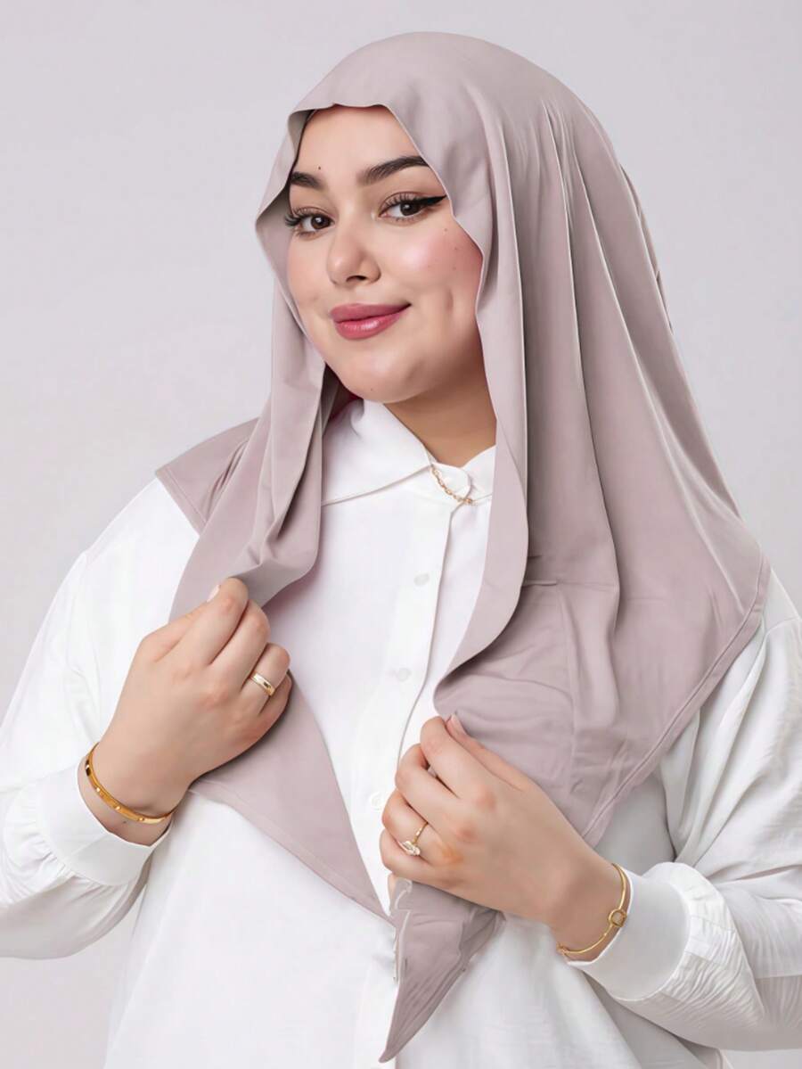 1pc Instant Triangle Hijab, All-In-One Tie-Up Headscarf. Quick Wrap, Non-Slip. No Undercap, No Folding. Suitable For Daily Wear, Prayer, And Outings - Light Beige - View 1