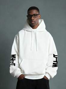 男士休闲印花宽松连帽卫衣，街头时尚 - 白色 - 查看 2