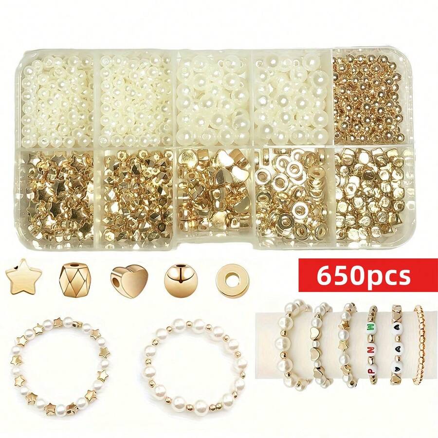 Yiwu Qiyou Accessories Co., LTD 650颗/盒 亚克力抛光星形和心形珠子套装，优雅独特，适合制作手链、腰链、脚链，也适合女性佩戴，可用于制作各种配饰，例如手机挂绳和挂饰。