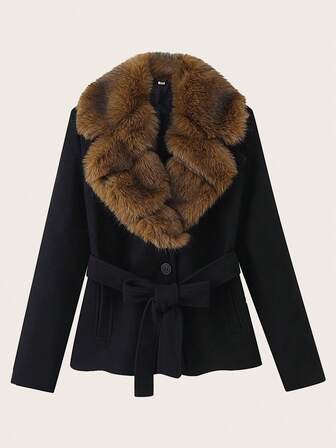 Women's Solid Color Wool Collar Woolen Coat, Autumn/Winter
