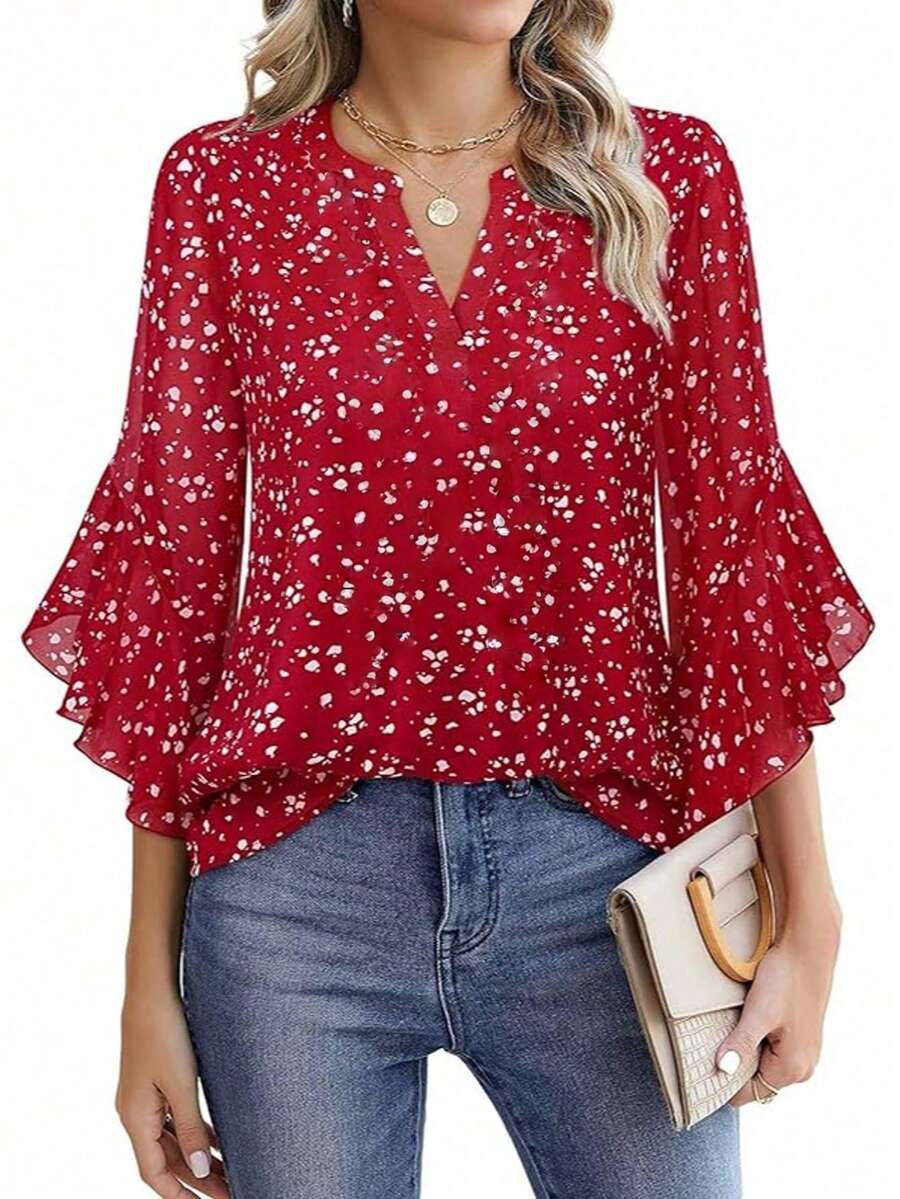 Blus Chiffon Motif Bunga Wanita dengan Hiasan Ruffle, Lengan 3/4, Leher V Lembut - Atasan Kantor/Kasual Elegan untuk Liburan Musim Semi, Musim Panas, Musim Gugur, Warna Merah - Merah - View 1