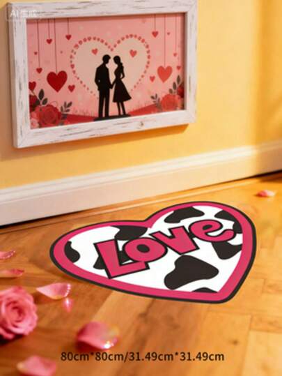 1pc "Love Heart" Doormat, Directly Boosts The Romantic Couple Ambiance! Rounded Heart Outline Wrapped In Playful Black & White Cow Print, Vibrant Pink "Love" Text Boldly Writes Romance Underfoot