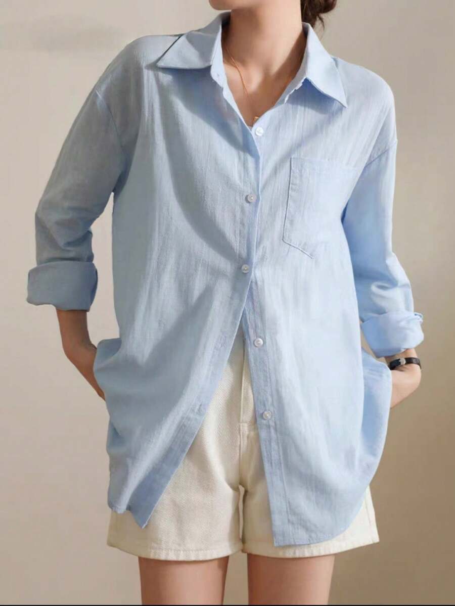 Women's Long-Sleeved Linen Shirt - Celeste - View 1