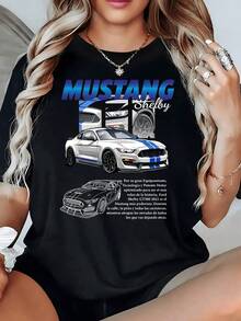 Mustang Shelby GT500 Sports Car On An Urban Background Conveying Speed, Power And Spirit Of Freedom. Women's T-Shirt, 100% Cotton - 黑色 - 查看 1