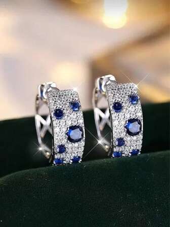 2pcs/Set Fashionable Blue Circular Zirconia Earrings, Unisex, Silver-Plated, Suitable For Daily Wear, Parties/Weddings, A Lovely Gift For Girlfriend, Wife, Mother