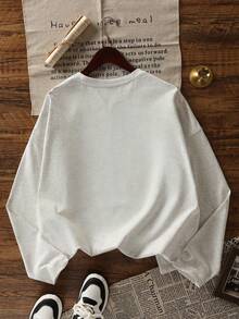 女士字母印花圆领长袖T恤，休闲宽松百搭打底衫，春秋季 - 淺花灰 - 查看 6