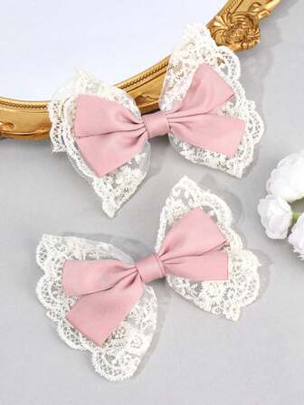 2 PCS Pink Lace Hair Bows For Women Elegant Lace Bow Hair Clips Pink Hair Ribbon Bow Alligator Clips Women Holiday Wedding Party Headpiece Hair Accessories