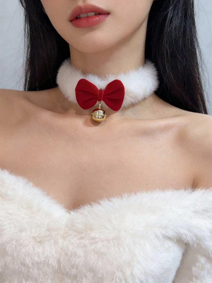 1pc Christmas Cute & Elegant Lamb Wool Bow Choker Fluffy Neck Decoration, Women Luxury Necklace Valentines