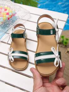 小女孩深绿色蝴蝶结舒适平底凉鞋露趾夏季鞋 - 綠色 - 查看 4