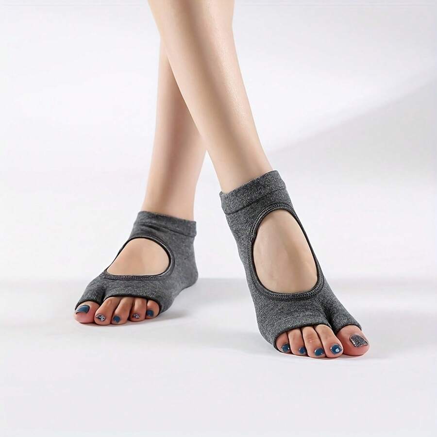 One Pair Women's Toe Separator Yoga Socks Combed Cotton Fitness Backless Fingerless Yoga Socks Pointed Toe Socks - Dark Grey - View 1