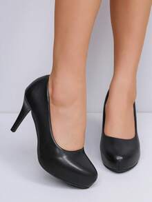 新款时尚圆头套脚细高跟鞋，性感百搭，适合通勤、办公、OL职业装等场合。 - 黑色 - 查看 4