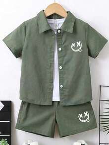 Tween Boy Cartoon Print Shirt And Shorts Set - Green - View 1