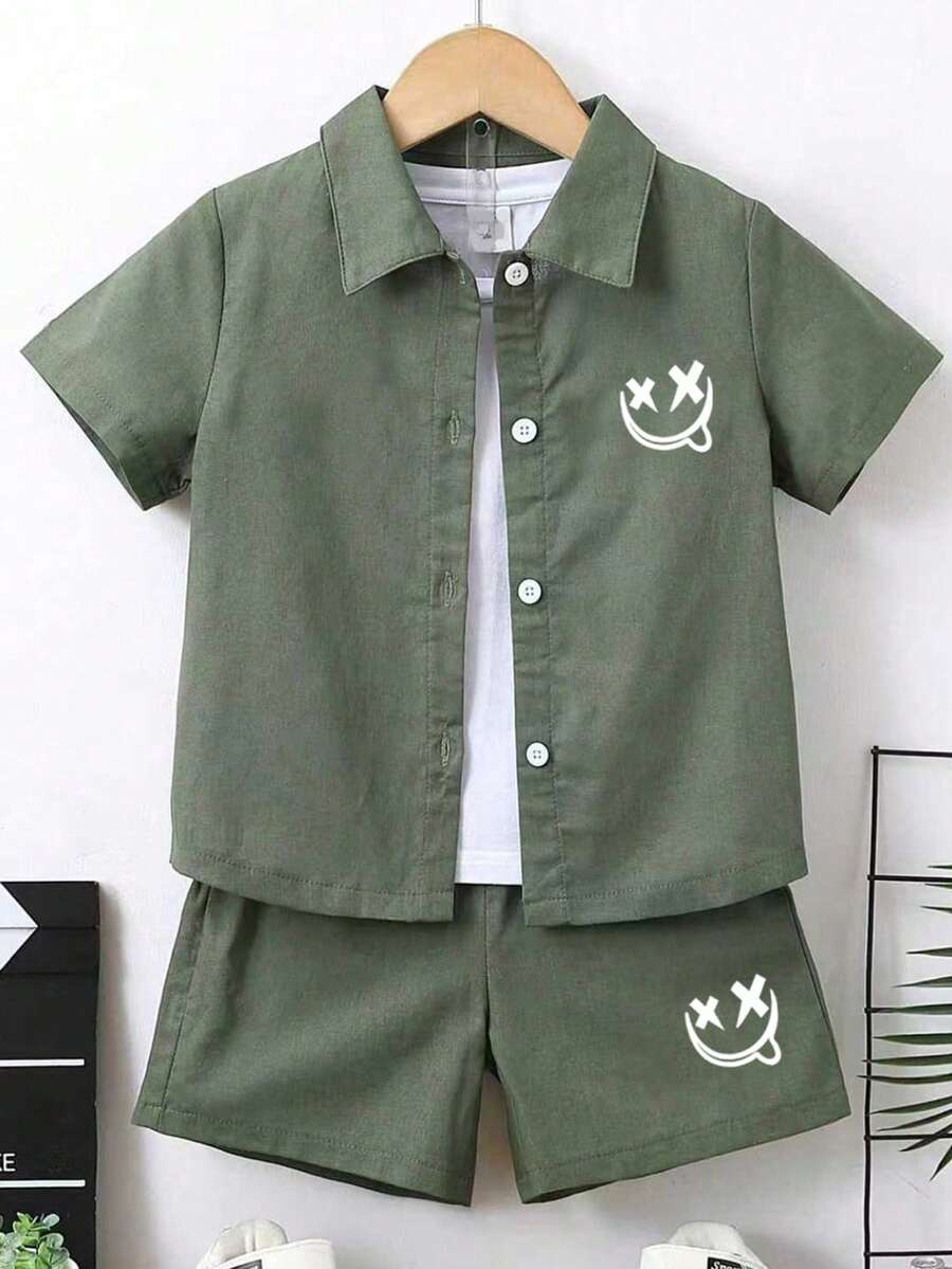 Tween Boy Cartoon Print Shirt And Shorts Set - Green - View 1